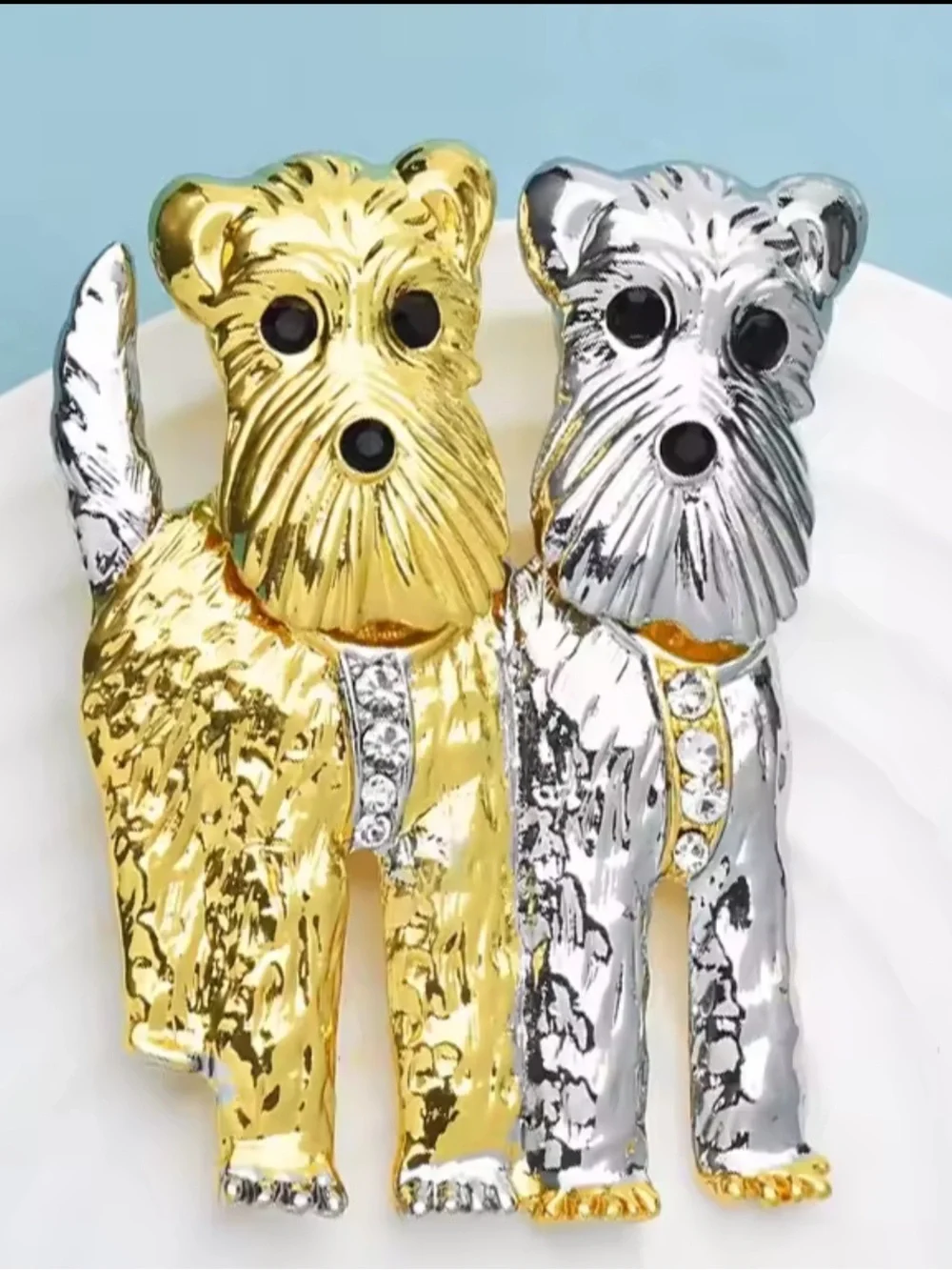 Cute Terrier Dog Gold & Silver Crystal Puppy Statement Brooch